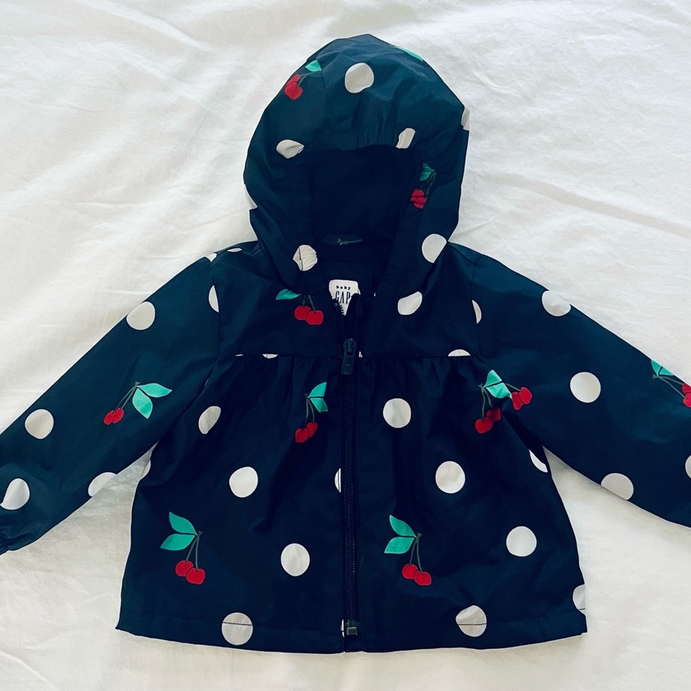 Navy Blue Polka Dot Cherry Hooded Jacket by Baby Gap. 6-12 months.